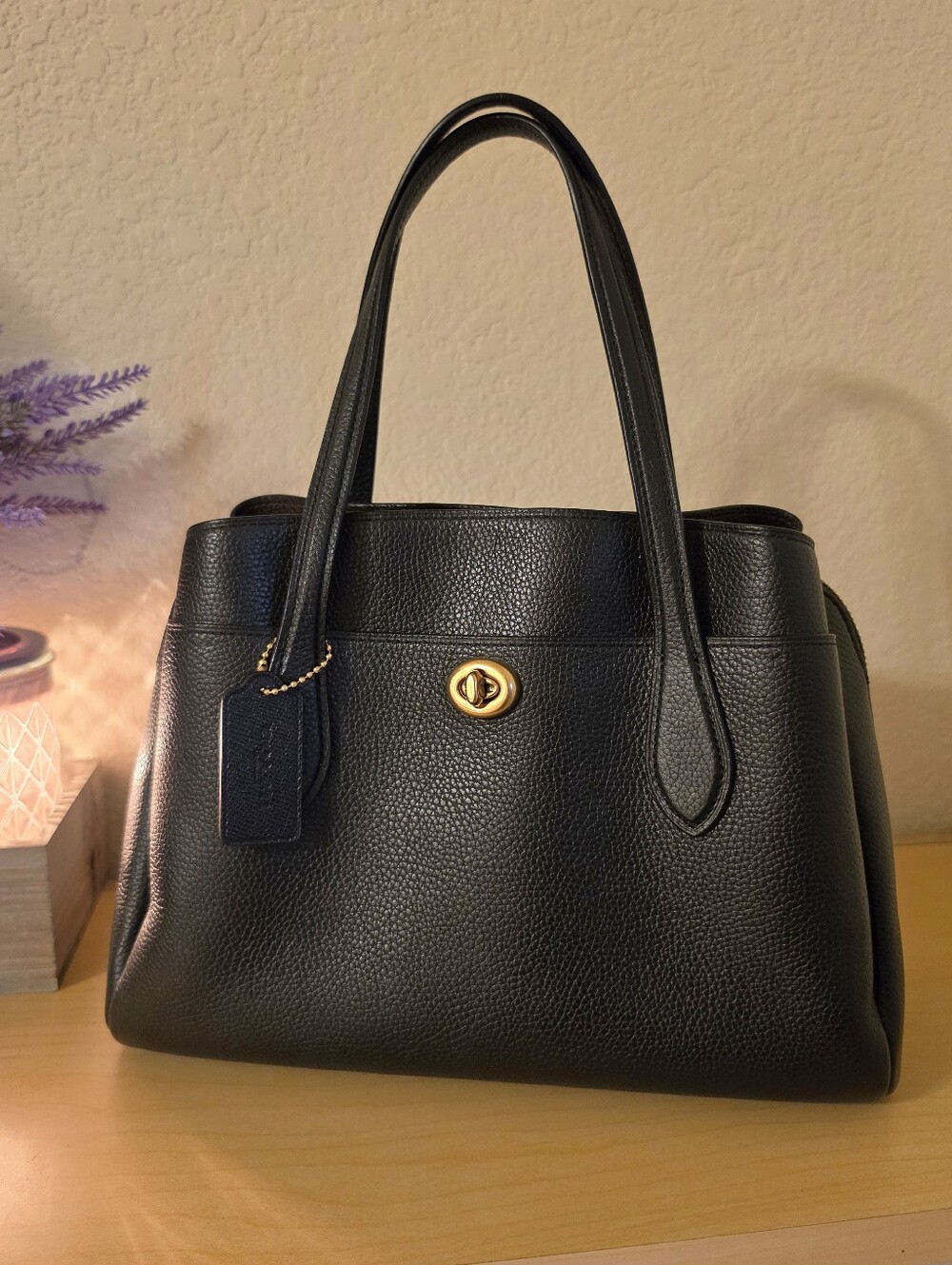 Coach Lora Black Pebbled Leather Shoulder Bag with Gold Turnlock